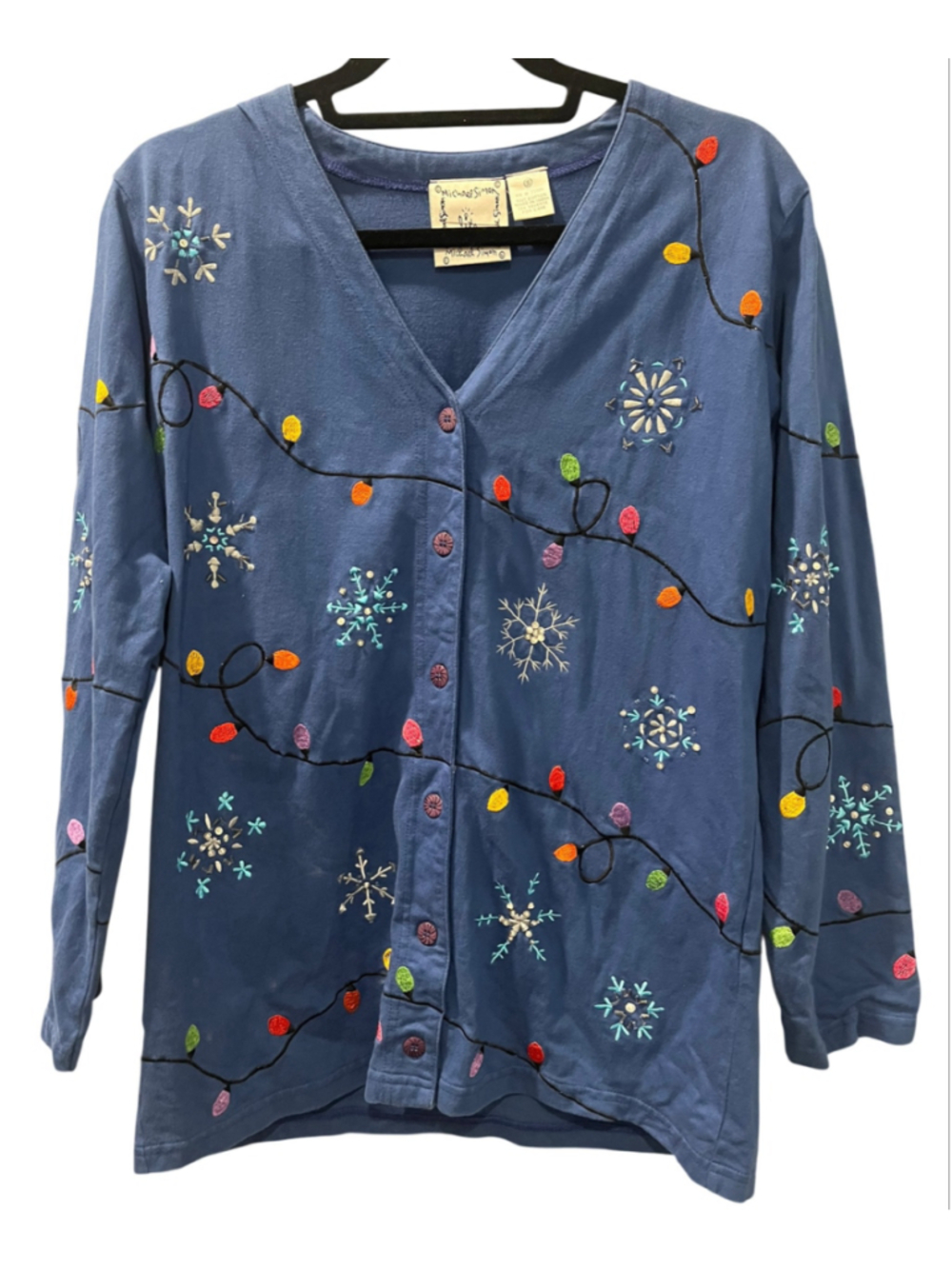 Vtg Michael Simon Lite Christmas Cardigan Sweater Blue Snowflake Lights Knit Sm